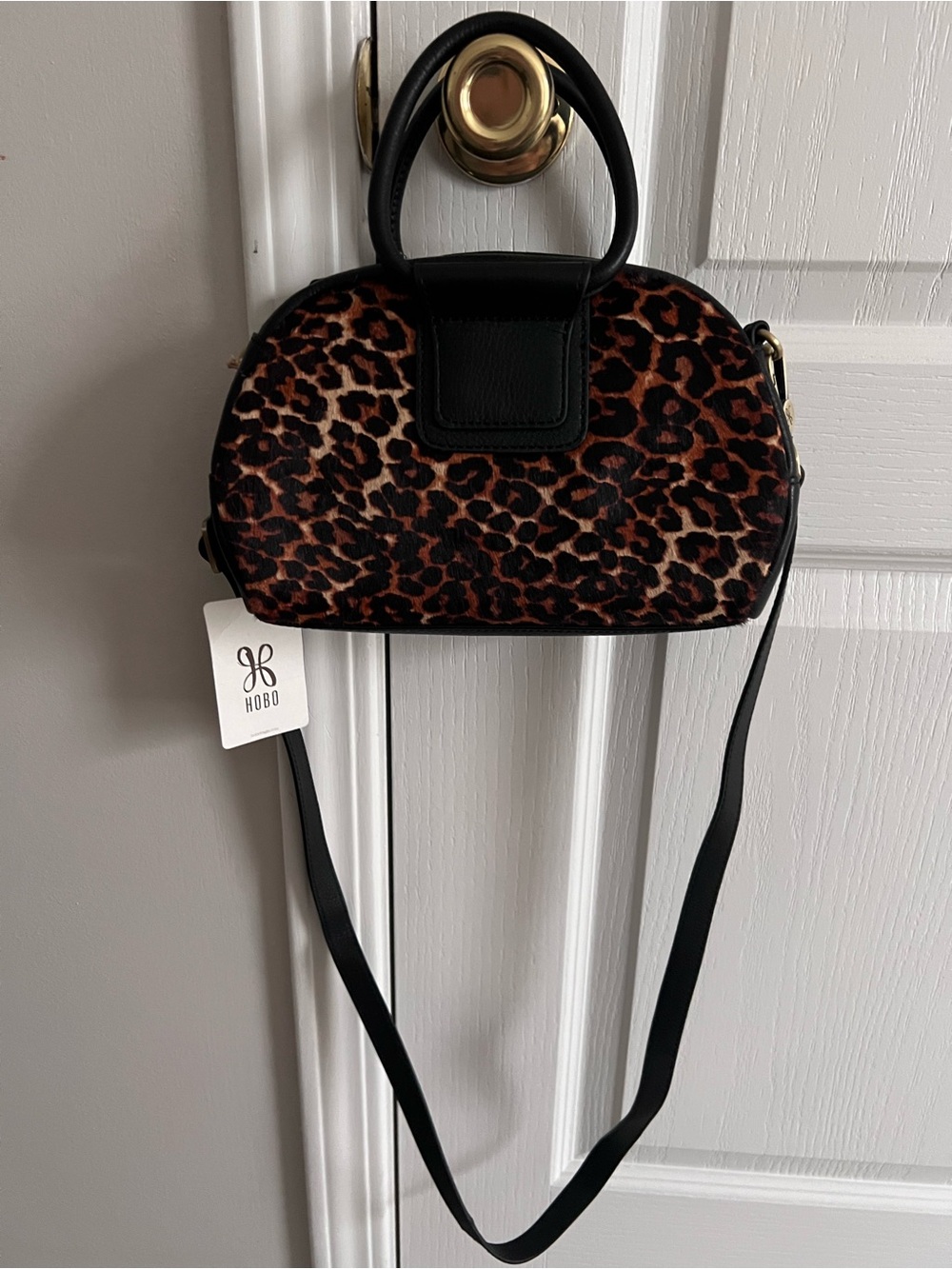 HOBO Leopard Print Crossbody Satchel in Black and Brown